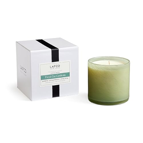 LAFCO New York Signature Candle, Fresh Cut Gardenia - 15.5 oz - 90-Hour Burn Time - Reusable, Hand Blown Glass Vessel - Made in